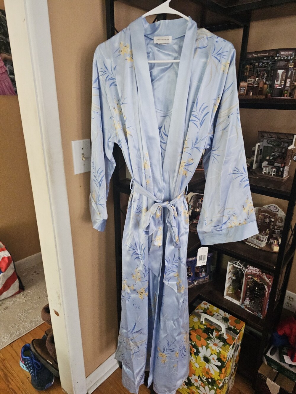 Jones New York Floral Satin Robe and Nightgown Large Set Blue 2pc NEW